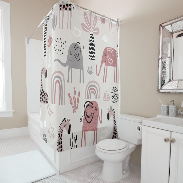 pattern with cute elephants and giraffes giant  shower curtain (In Situ)