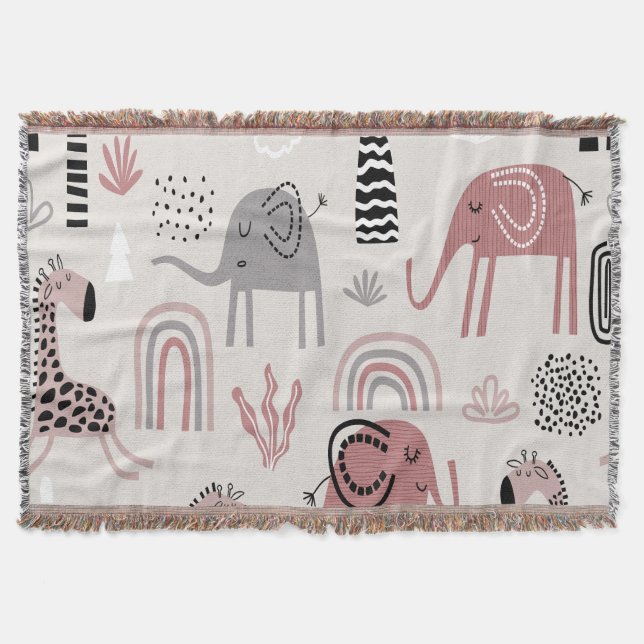 pattern with cute elephants and giraffes giant   throw blanket (Front)