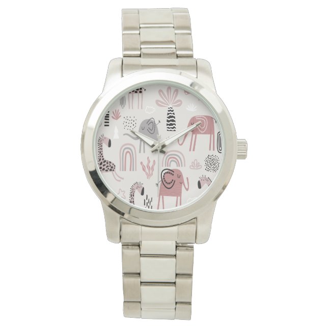 pattern with cute elephants and giraffes giant  watch (Front)