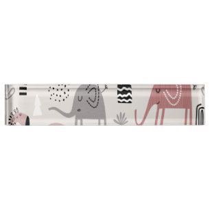pattern with cute elephants and giraffes nameplate