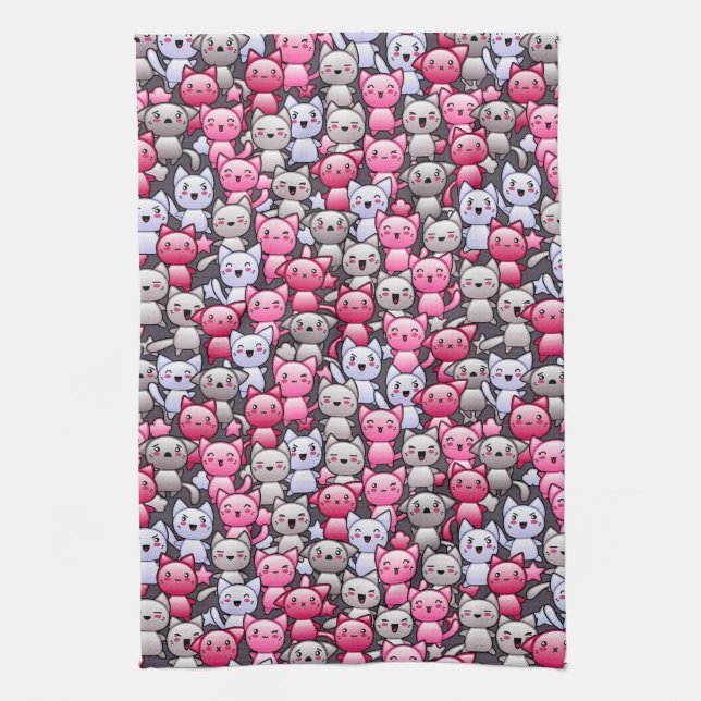 pattern with cute kawaii doodle cats 2 tea towel (Vertical)