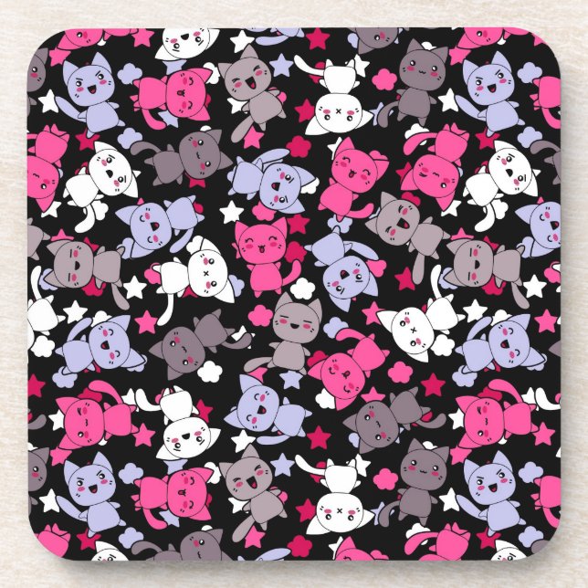 pattern with cute kawaii doodle cats 3 coaster (Front)