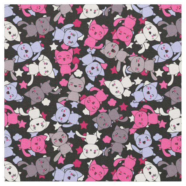 pattern with cute kawaii doodle cats 3 fabric (Close Up)