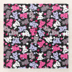 pattern with cute kawaii doodle cats 3 glass coaster