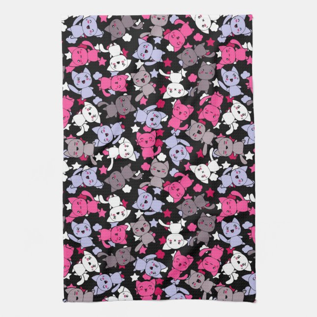 pattern with cute kawaii doodle cats 3 tea towel (Vertical)