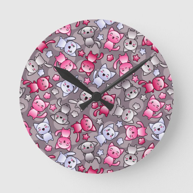 pattern with cute kawaii doodle cats round clock (Front)