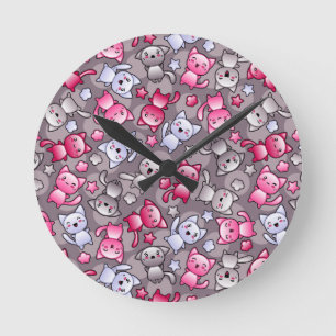 pattern with cute kawaii doodle cats round clock