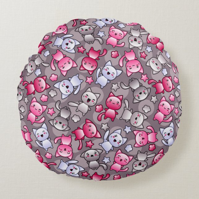 pattern with cute kawaii doodle cats round cushion (Front)