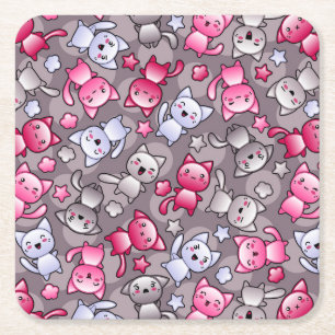 pattern with cute kawaii doodle cats square paper coaster