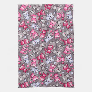 pattern with cute kawaii doodle cats tea towel