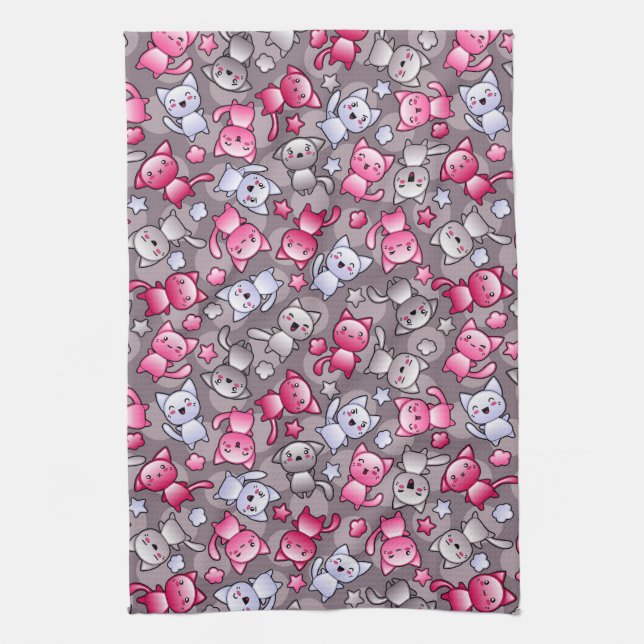 pattern with cute kawaii doodle cats tea towel (Vertical)
