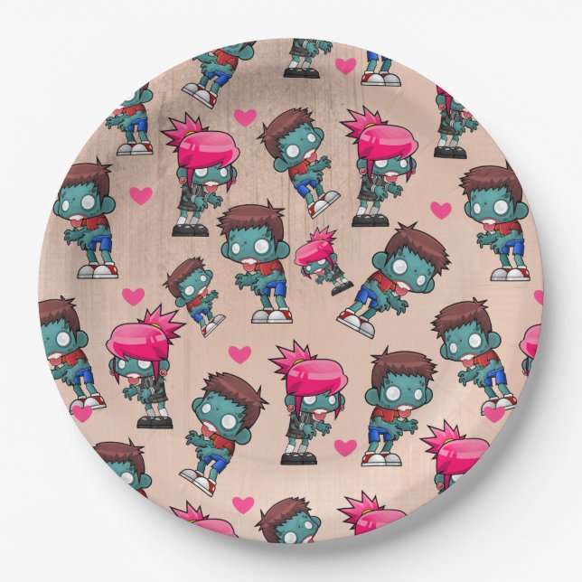 Pattern with Cute Zombie Girls, Guys and Hearts Paper Plate (Front)