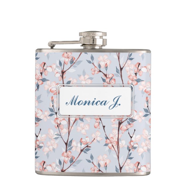 Pattern with delicate spring sakura flowers hip flask (Front)