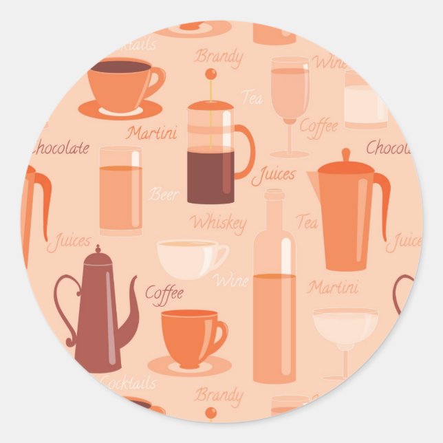 Pattern with drinks and text classic round sticker (Front)