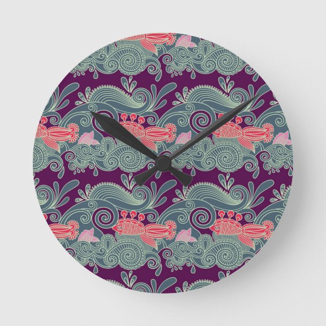 Pattern With Fish And Purple Wave Round Clock (Front)