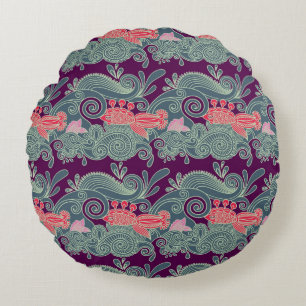 Pattern With Fish And Purple Wave Round Cushion
