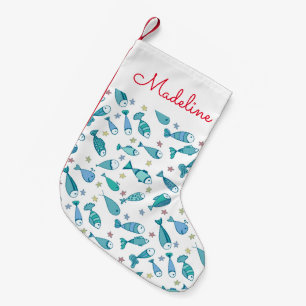 Pattern With Fish And Starfish Add Your Name Small Christmas Stocking