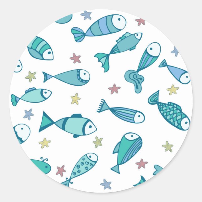 Pattern With Fish And Starfish Classic Round Sticker (Front)