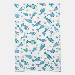 Pattern With Fish And Starfish Tea Towel