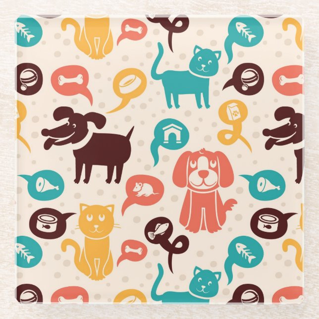 Pattern With Funny Cats And Dogs Glass Coaster (Front)