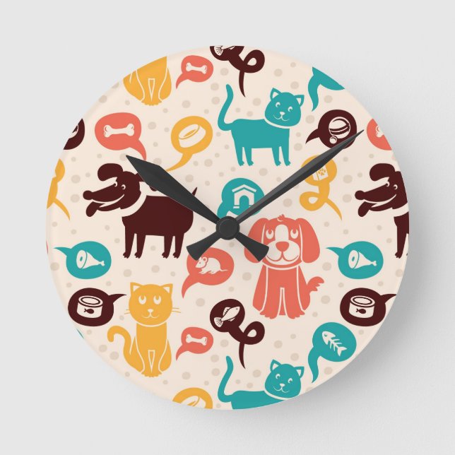 Pattern With Funny Cats And Dogs Round Clock (Front)