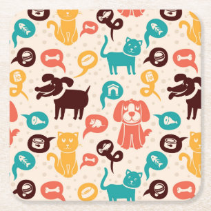 Pattern With Funny Cats And Dogs Square Paper Coaster