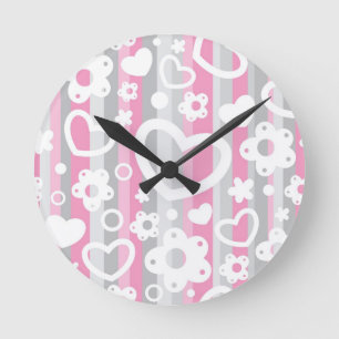 Pattern with Hearts and Flowers Round Clock