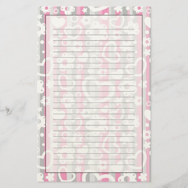 Pattern with Hearts and Flowers Stationery (Front)