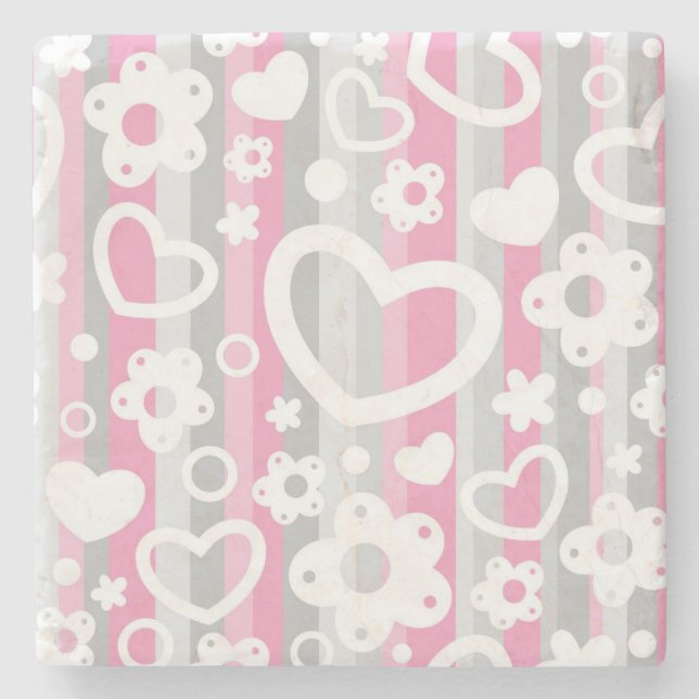 Pattern with Hearts and Flowers Stone Coaster (Front)