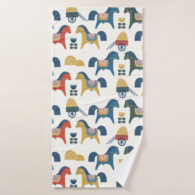 Pattern with horses inspired by scandinavian art.  bath towel (Bath Towel)