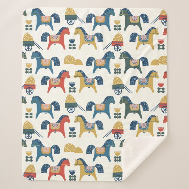 Pattern with horses inspired by scandinavian art.  sherpa blanket (Front)