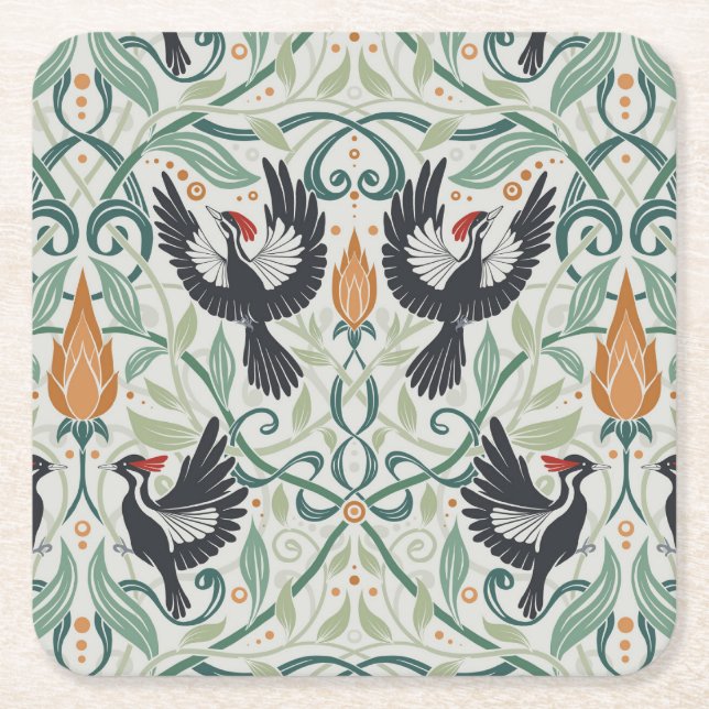 Pattern with Ivory-billed woodpeckers Square Paper Coaster (Front)