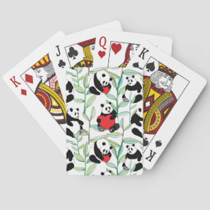 pattern with lovely pandas with hearts playing cards
