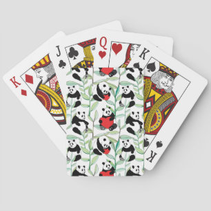 pattern with lovely pandas with hearts playing cards