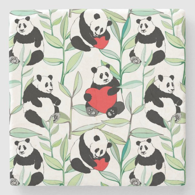 pattern with lovely pandas with hearts stone coaster (Front)