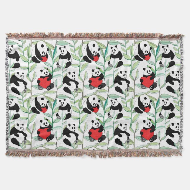 pattern with lovely pandas with hearts throw blanket (Front)
