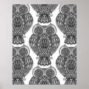 Pattern With Owls Doodle 2 Poster