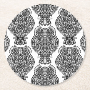 Pattern With Owls Doodle Round Paper Coaster