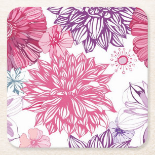 Pattern with pink asters and dahlia square paper coaster