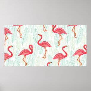 Pattern with pink flamingo ornaments on a backgrou poster