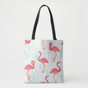 Pattern with pink flamingo ornaments on a backgrou tote bag