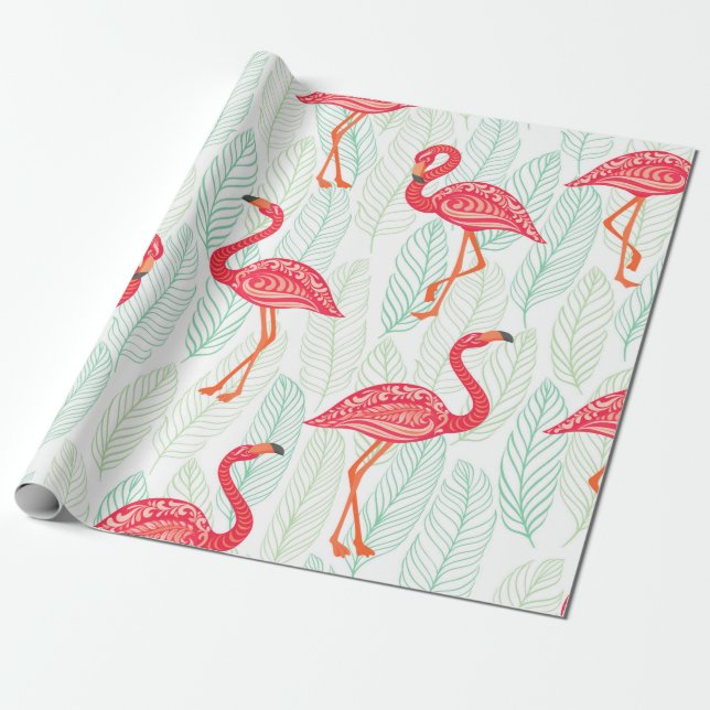 Pattern with pink flamingo ornaments on a backgrou wrapping paper (Unrolled)