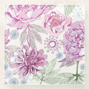 Pattern with pink flowers glass coaster