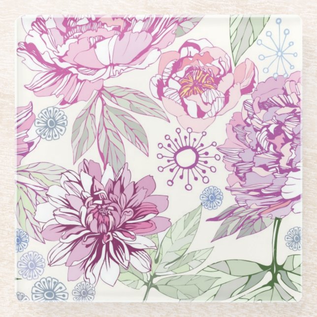 Pattern with pink flowers glass coaster (Front)