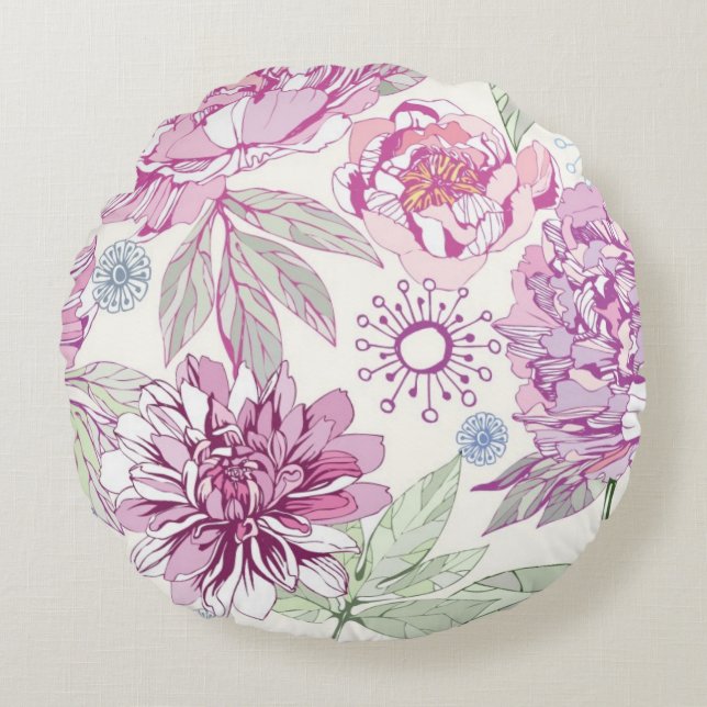 Pattern with pink flowers round cushion (Front)