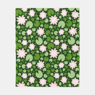 Pattern with pink lotuses and green lily pads fleece blanket