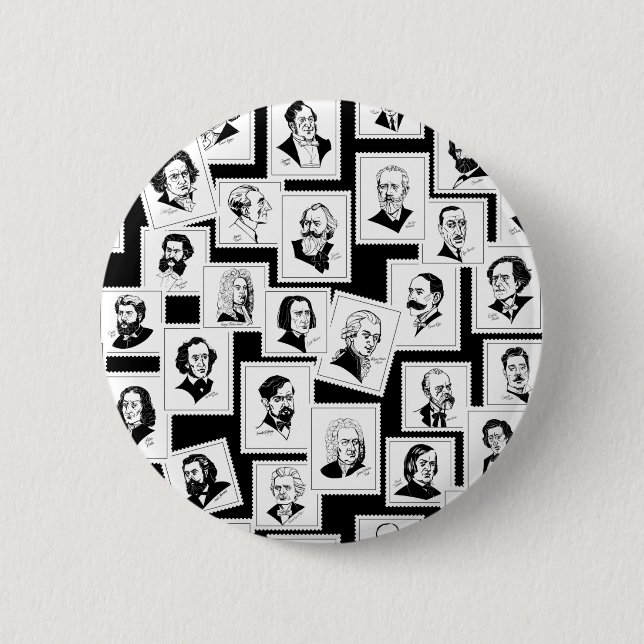 Pattern with portraits of the greatest composers 6 cm round badge (Front)