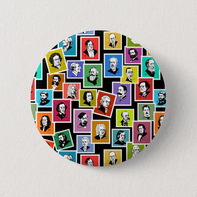Pattern with portraits of the greatest composers 6 cm round badge (Front)