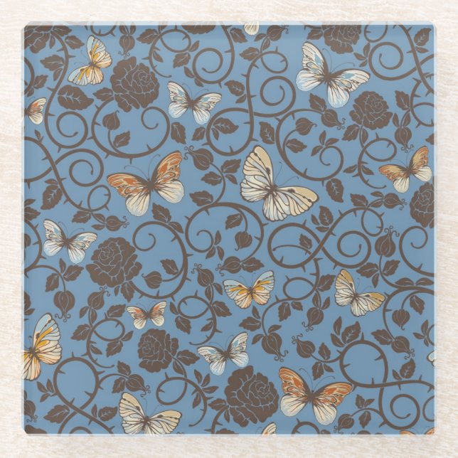 pattern with roses and butterfly glass coaster (Front)