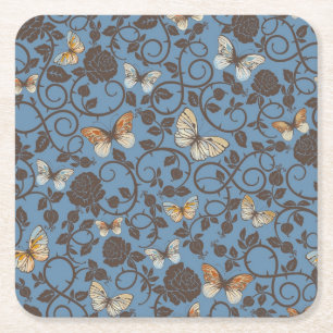 pattern with roses and butterfly square paper coaster